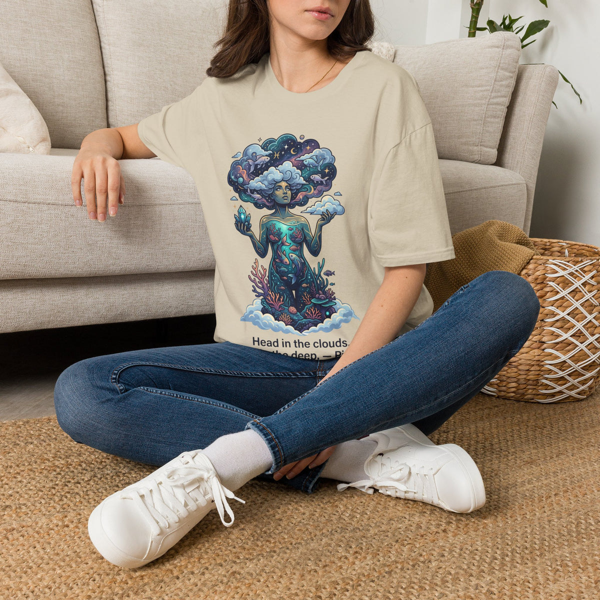 Pisces Zodiac in the Clouds T-Shirt — Dreamy Cosmic Woman Graphic Tee