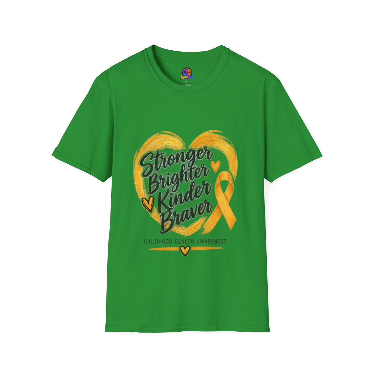 Childhood Cancer Awareness T-Shirt — "Stronger Brighter Kinder Braver" Gold Ribbon