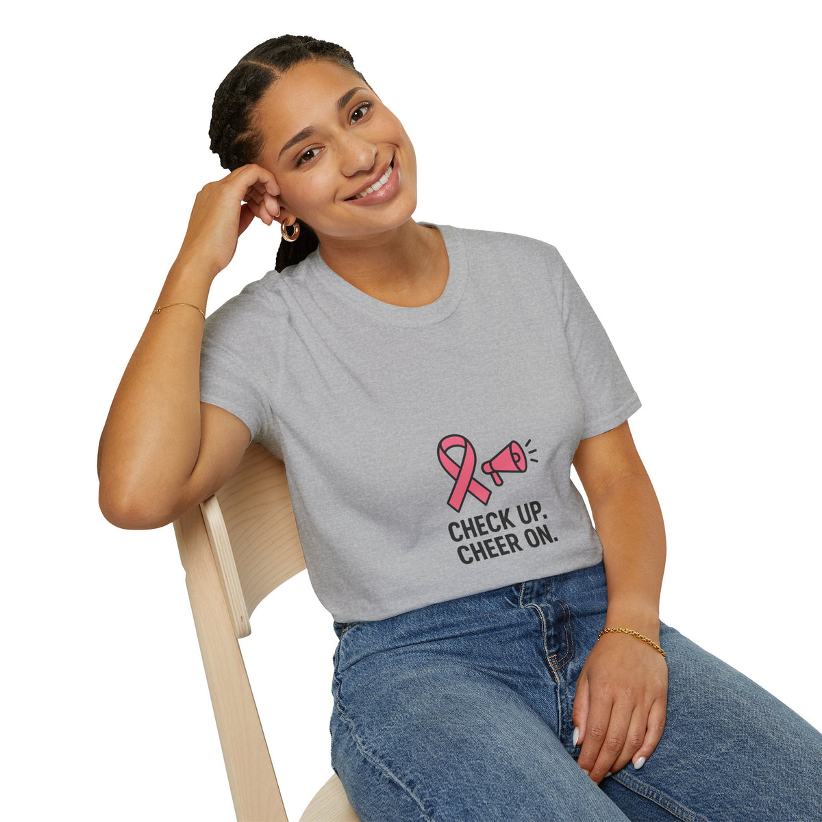 Breast Cancer Awareness T-Shirt — "Check Up. Cheer On." Pink Ribbon Design - Trending Now - October 2026