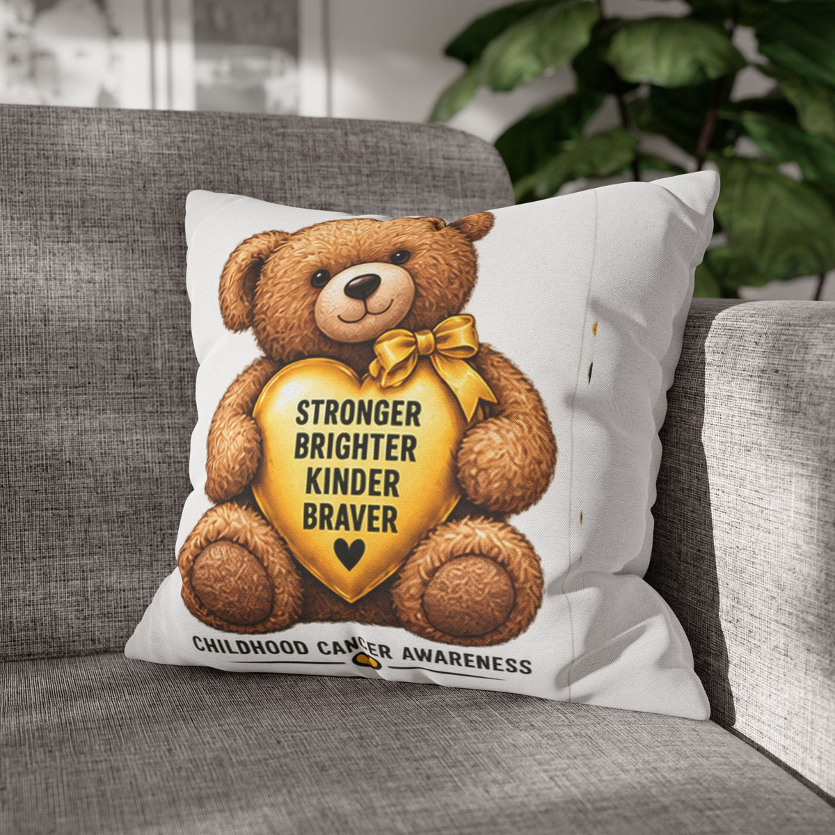 Childhood Cancer Awareness Bear Square Pillowcase – Stronger Brighter Kinder Braver