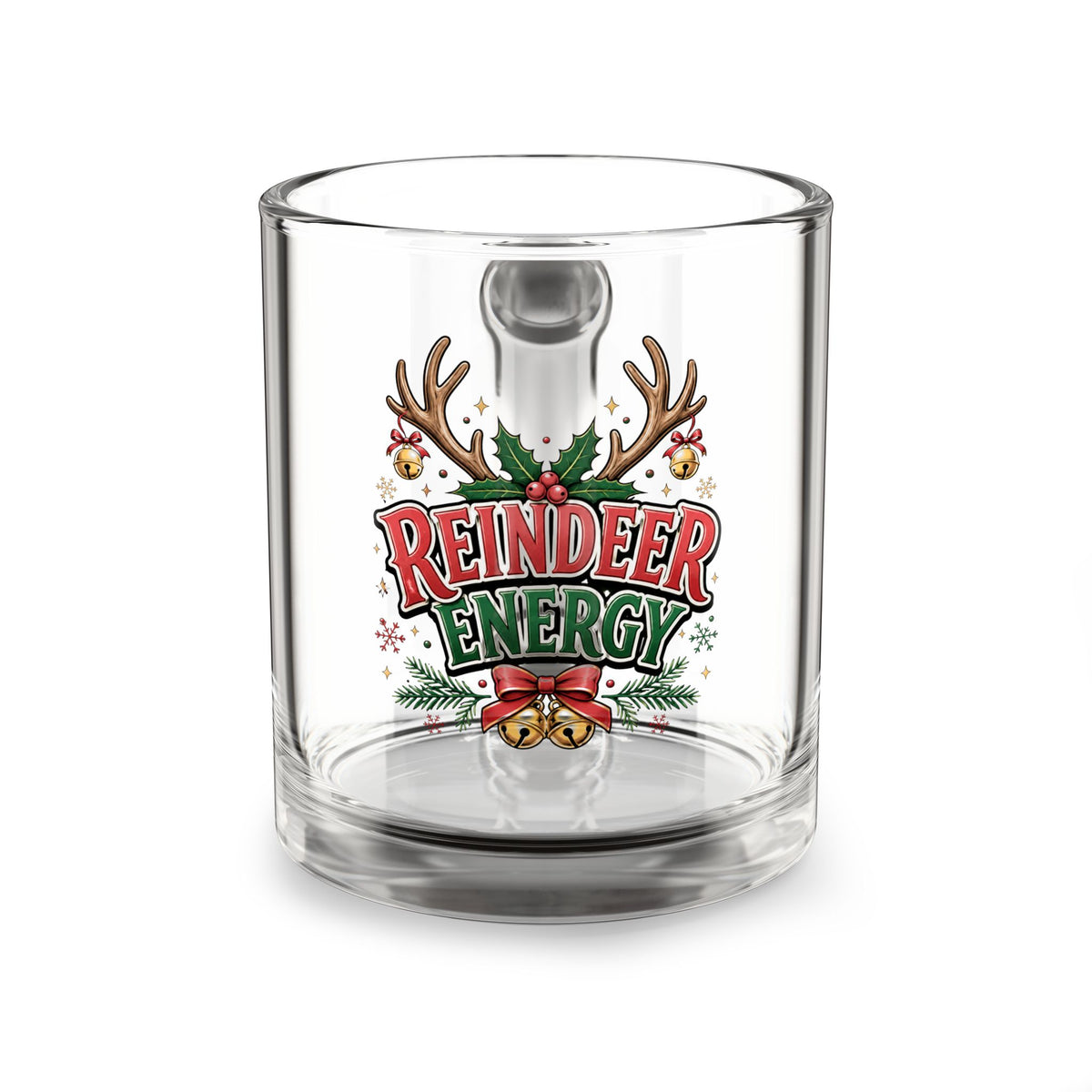 Christmas Glass Mug 10 oz Glass Mug — Reindeer Energy Holiday Coffee Mug (10 oz)