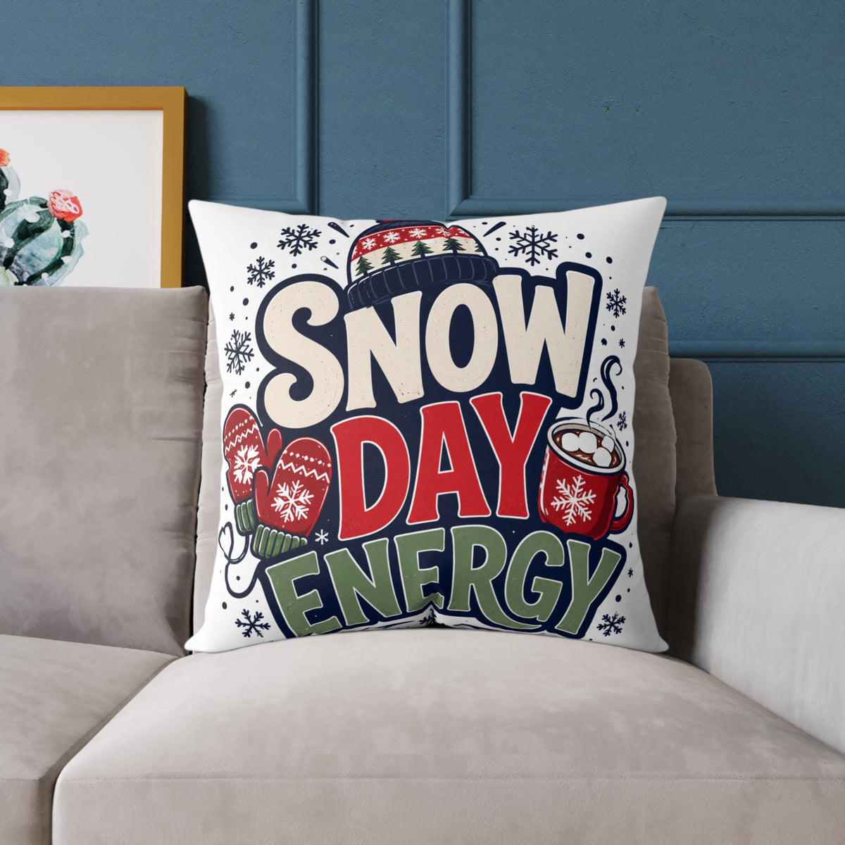 Christmas Snow Day Energy Pillow — Cozy Winter Decorative Throw Pillow with Holiday Mug & Mittens Design