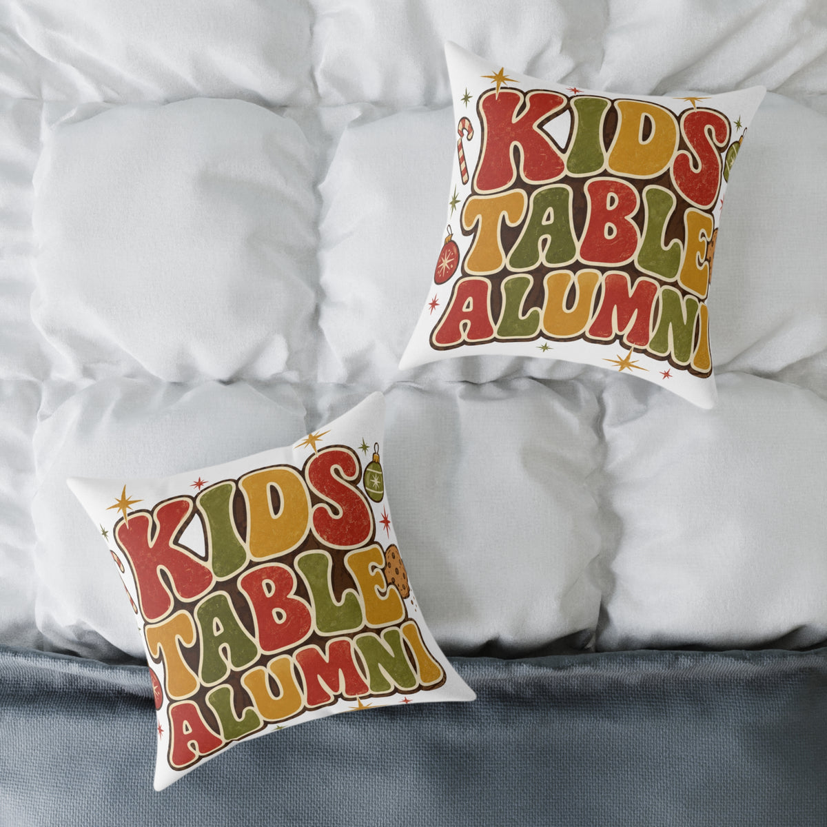 Christmas Kids Table Alumni Throw Pillow — Retro 70s Thanksgiving Accent Cushion