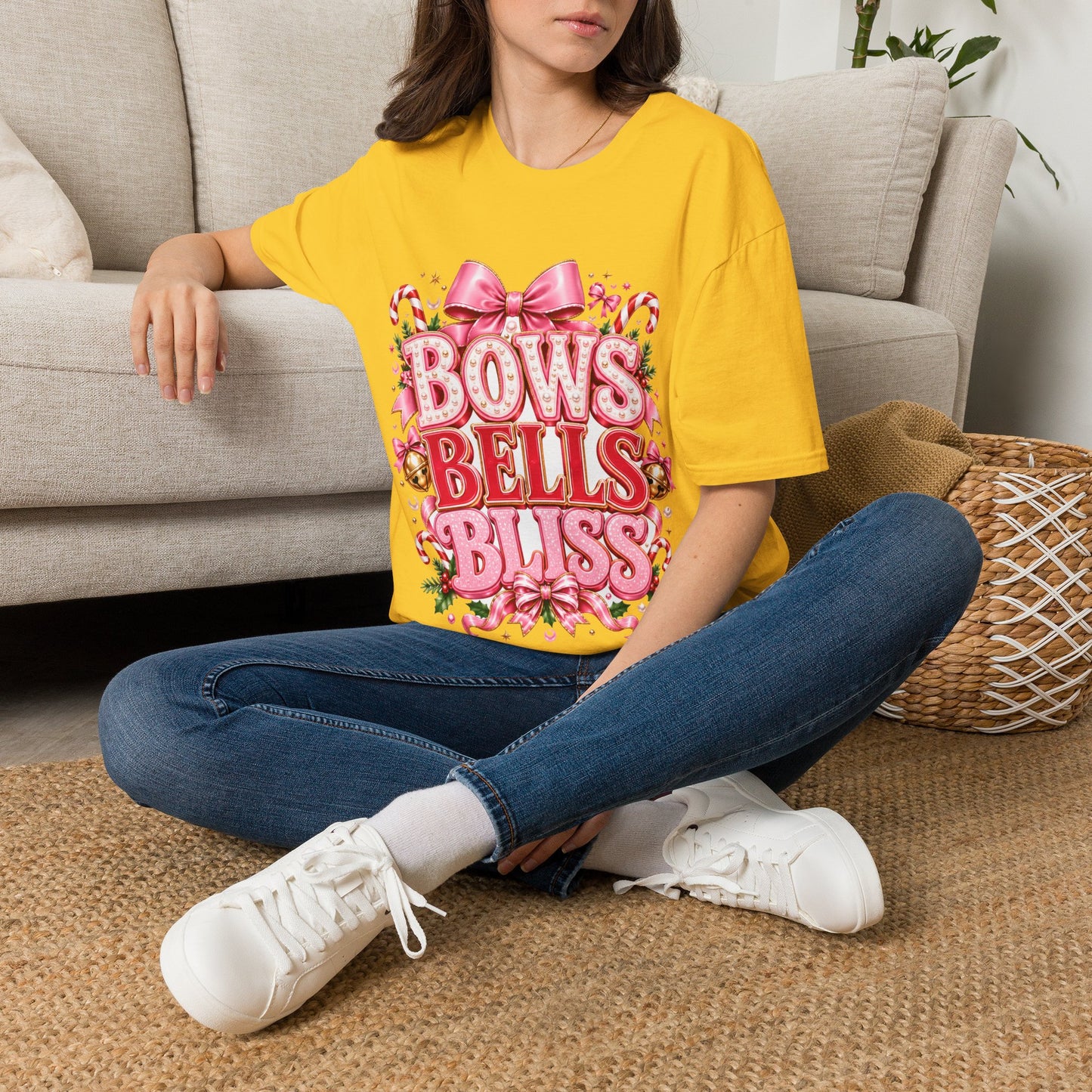 Bows Bells Bliss Christmas T‑Shirt — Pink Holiday Bow Graphic