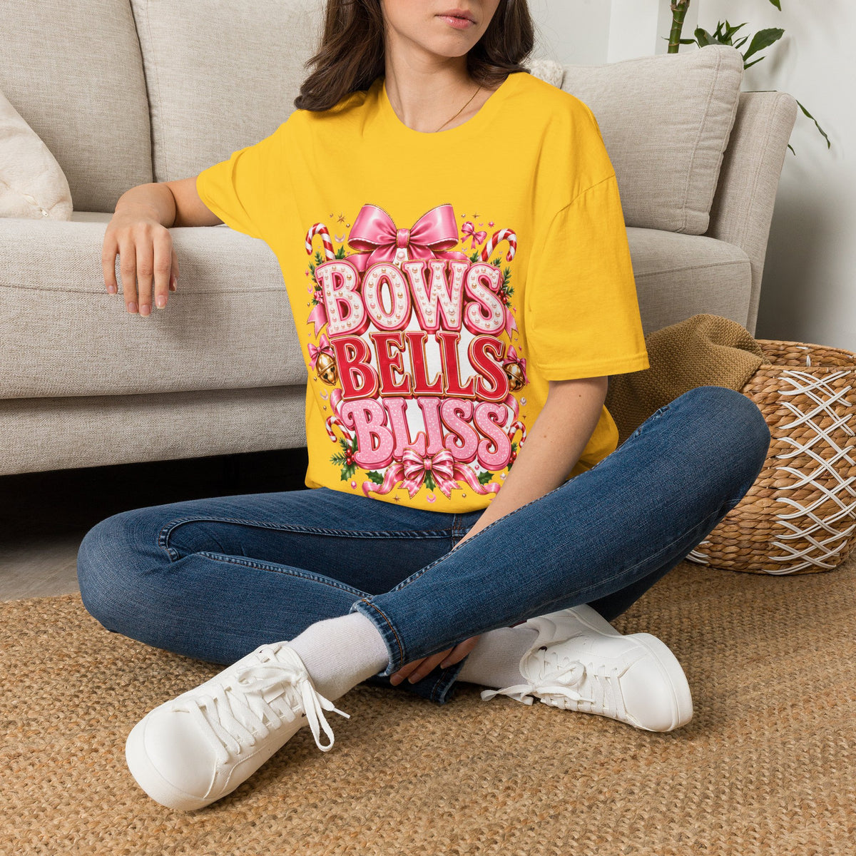 Bows Bells Bliss Christmas T‑Shirt — Pink Holiday Bow Graphic