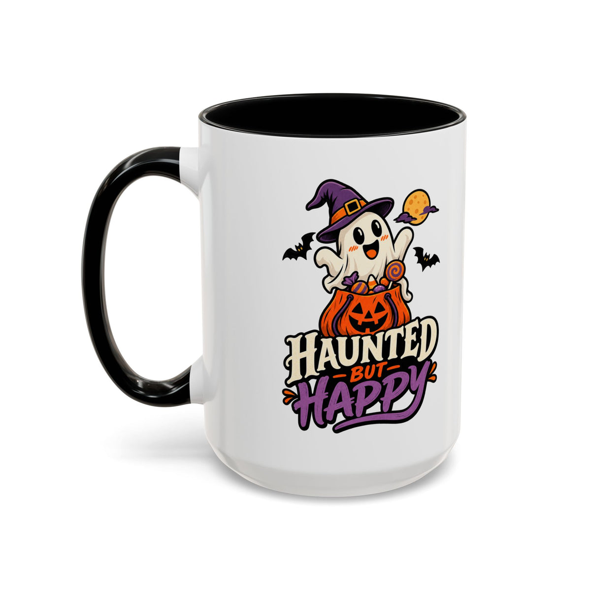 Haunted But Happy Coffee Mug — Halloween Ghost Pumpkin Accent Mug (11/15oz)