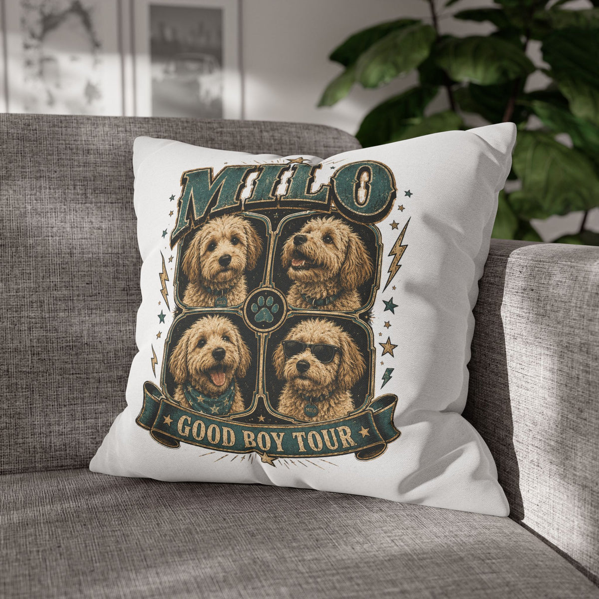 Milo "Good Boy Tour" Decorative Pillowcase — Dog Band Tour Poster Throw Pillowcase Milo Bailey Dog Dad Mom