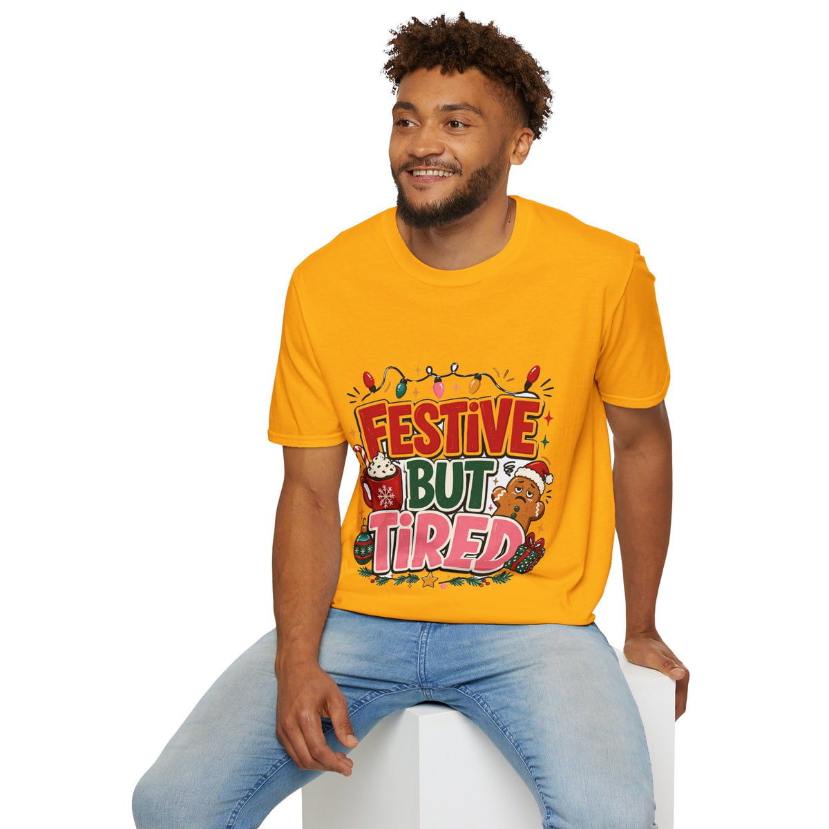 Festive But Tired T-Shirt — Holiday Christmas Crew Tee with Lights & Gingerbread
