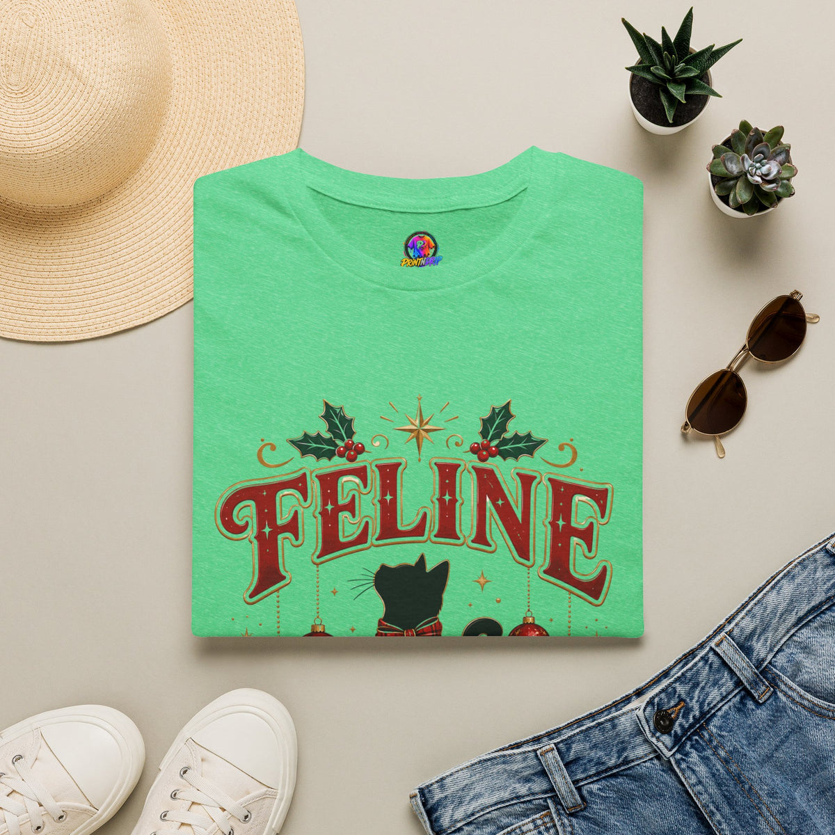 Feline Festive T-Shirt — Cute Black Cat Christmas Holiday Tee