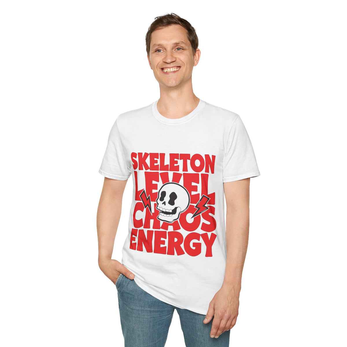 Skeleton Level Chaos Energy Red Block Tee - Bold Skull Lightning Graphic T-Shirt - Trending Now - September 2026