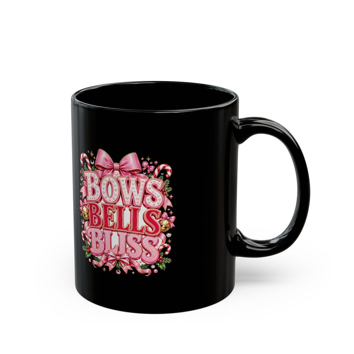 Modern Day Christmas Bows Bells Bliss Mug — Cute Pink Holiday Christmas Coffee Cup - Black Coffee Mug