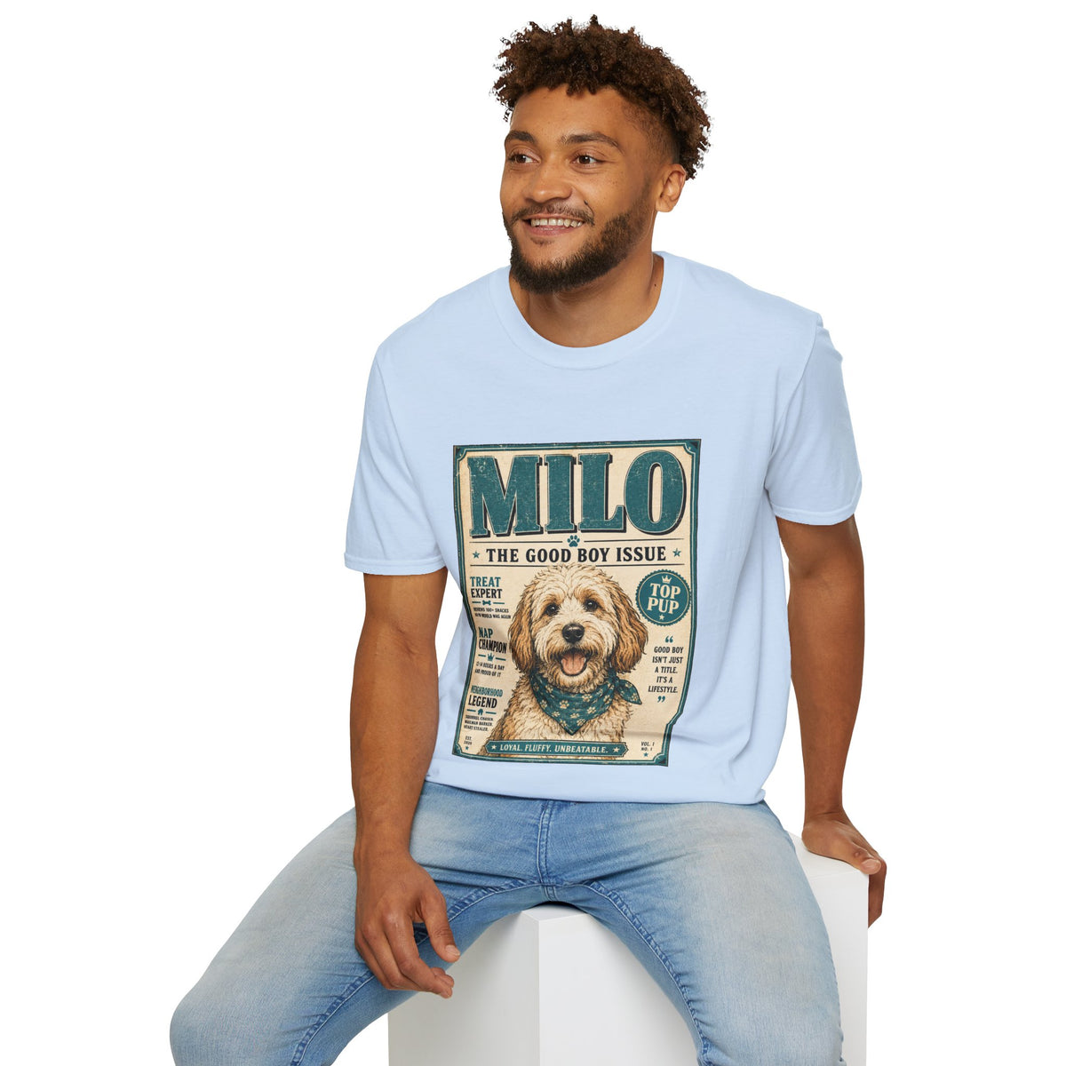 Milo 'The Good Boy Issue' Dog T‑Shirt — Vintage Puppy Magazine Design