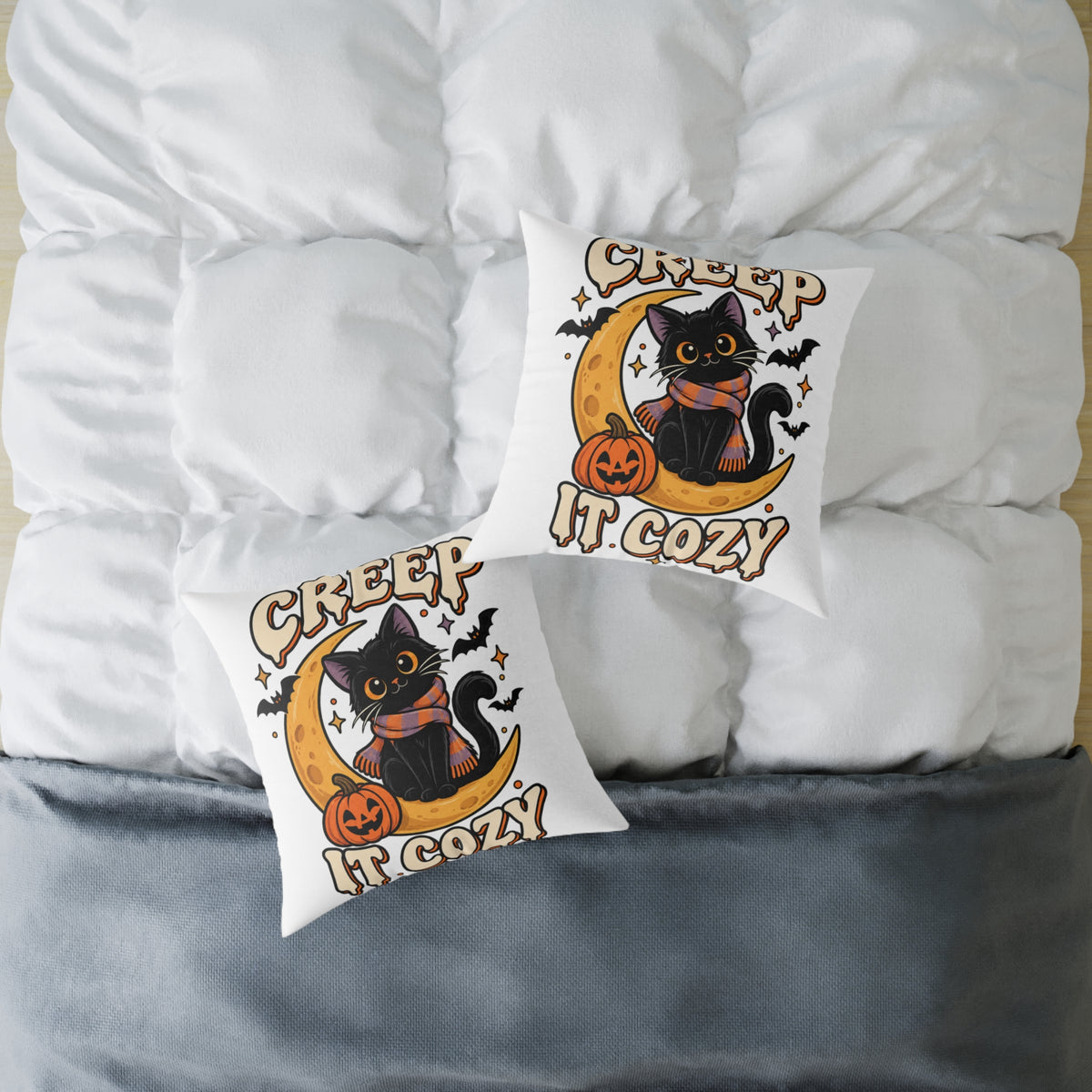 Halloween Cat Pillow — "Creep It Cozy" Decorative Square Throw Pillow