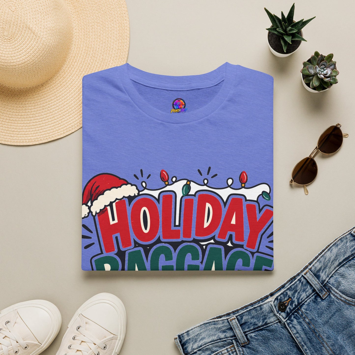 Holiday Baggage Claim T-Shirt — Funny Christmas Vacation Tee with Santa Hat & Lights
