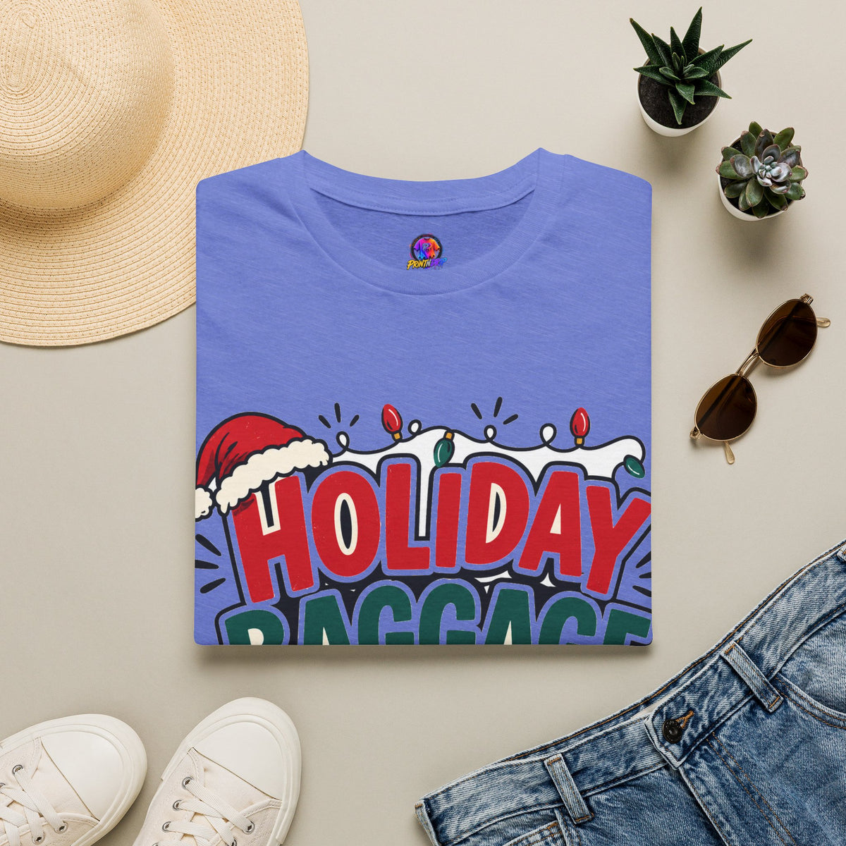 Holiday Baggage Claim T-Shirt — Funny Christmas Vacation Tee with Santa Hat & Lights