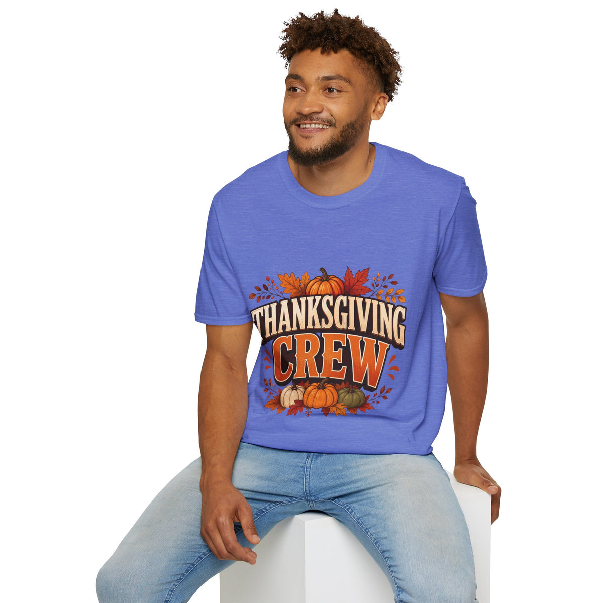 Thanksgiving T-Shirt Crew T-Shirt— Festive Pumpkin & Fall Leaves Holiday Tee