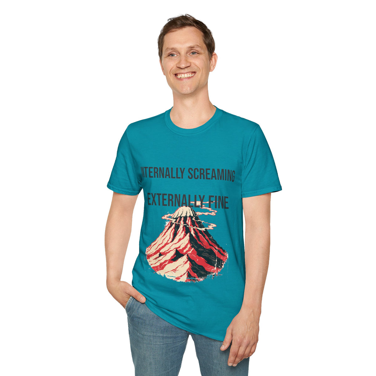"Internally Screaming Externally Fine" Melting Volcano Tee - Funny Relatable Aesthetic White T-Shirt - Trending Now - September 2026