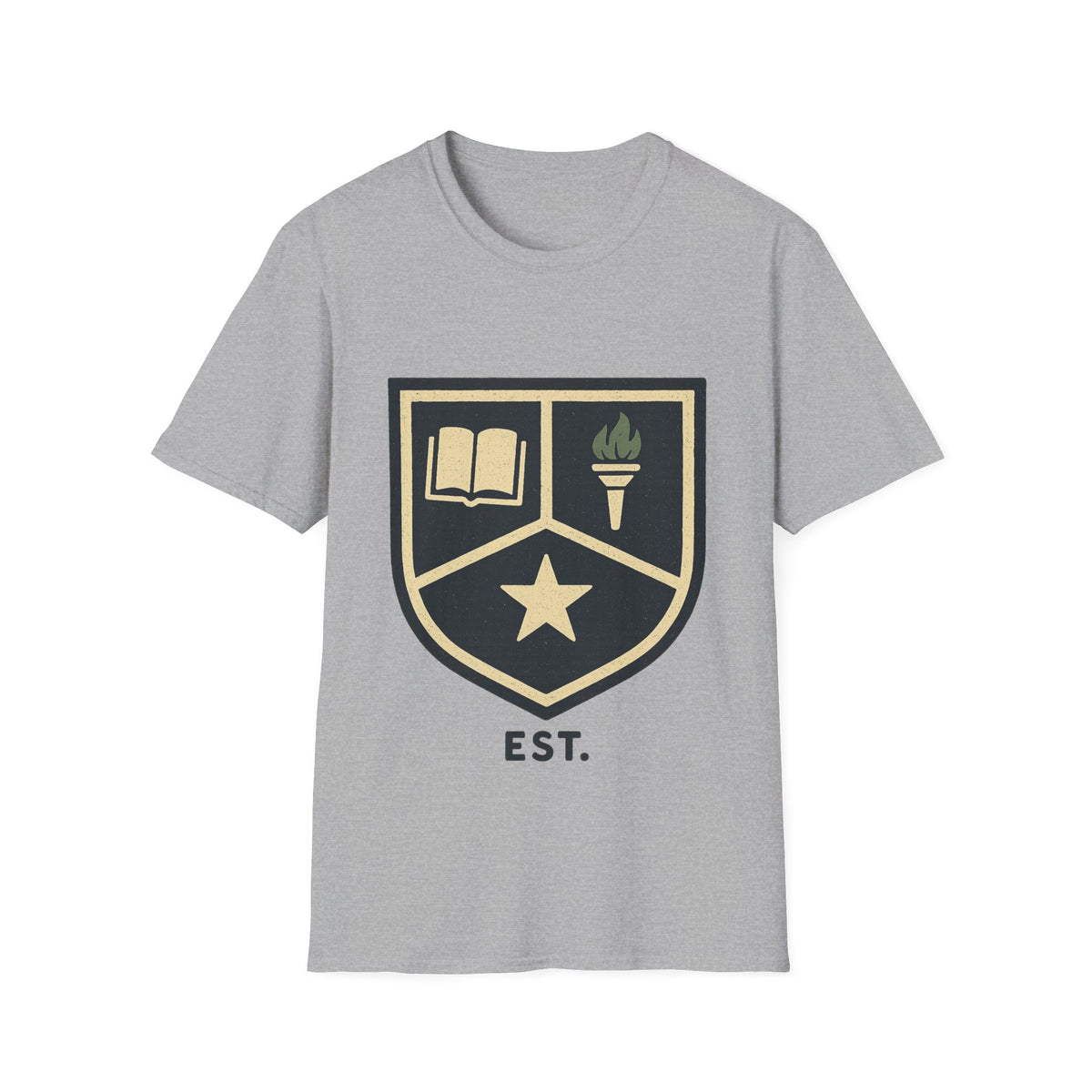 Academy Crest T-Shirt — Book & Torch Vintage Shield Tee - Trending Now - August 2026