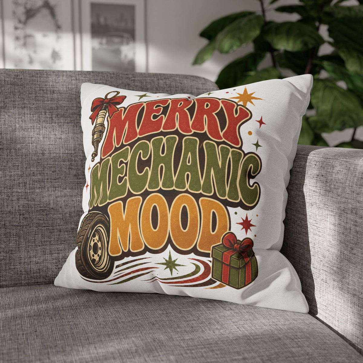 Merry Mechanic Mood Pillowcase Modern Day Christmas  — Festive Automotive Holiday Throw Pillowcase