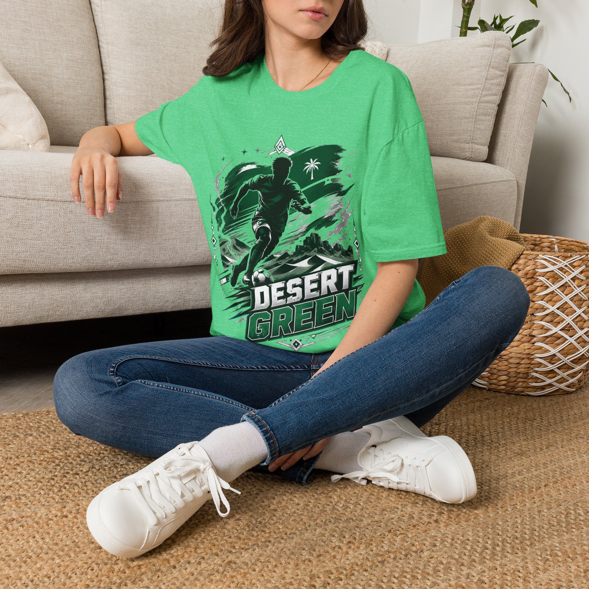 Saudi Arabia Desert Green Soccer T-Shirt — Silhouette Player Graphic