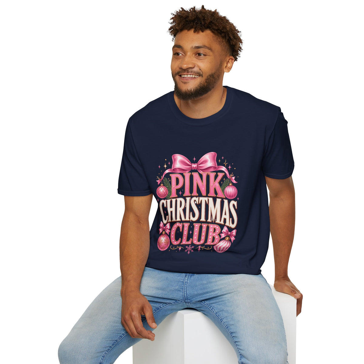 Pink Christmas Club T-Shirt — Womens Festive Holiday Tee with Bow & Ornaments