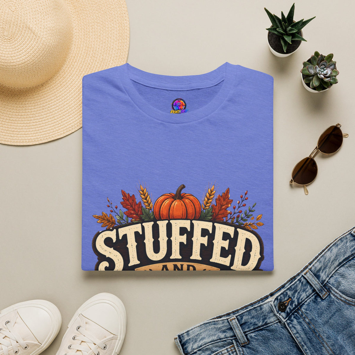Thanksgiving T-Shirt Stuffed and Thankful T-Shirt — Thanksgiving Pumpkin Fall Graphic Tee