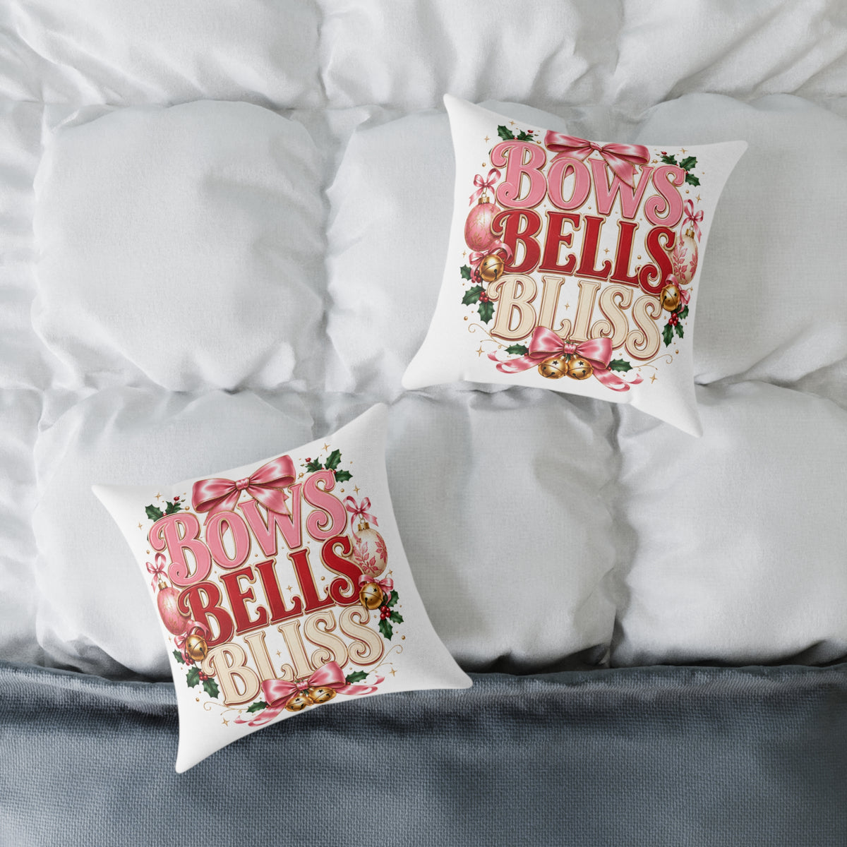 Bows Bells Bliss Christmas Square Poly Canvas Pillow