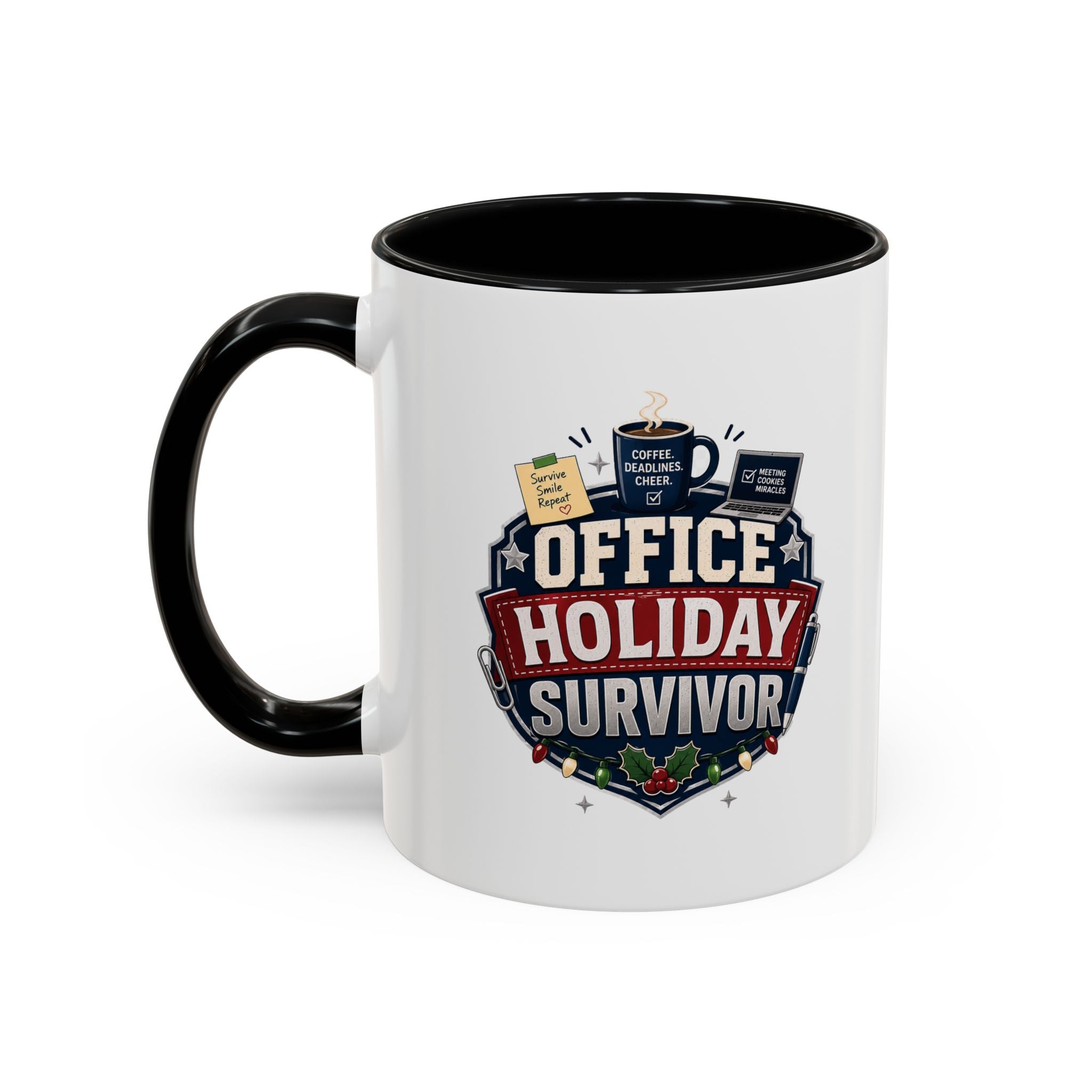Modern Day Christmas Office Holiday Survivor Accent Coffee Mug – Funny Christmas Office Gift