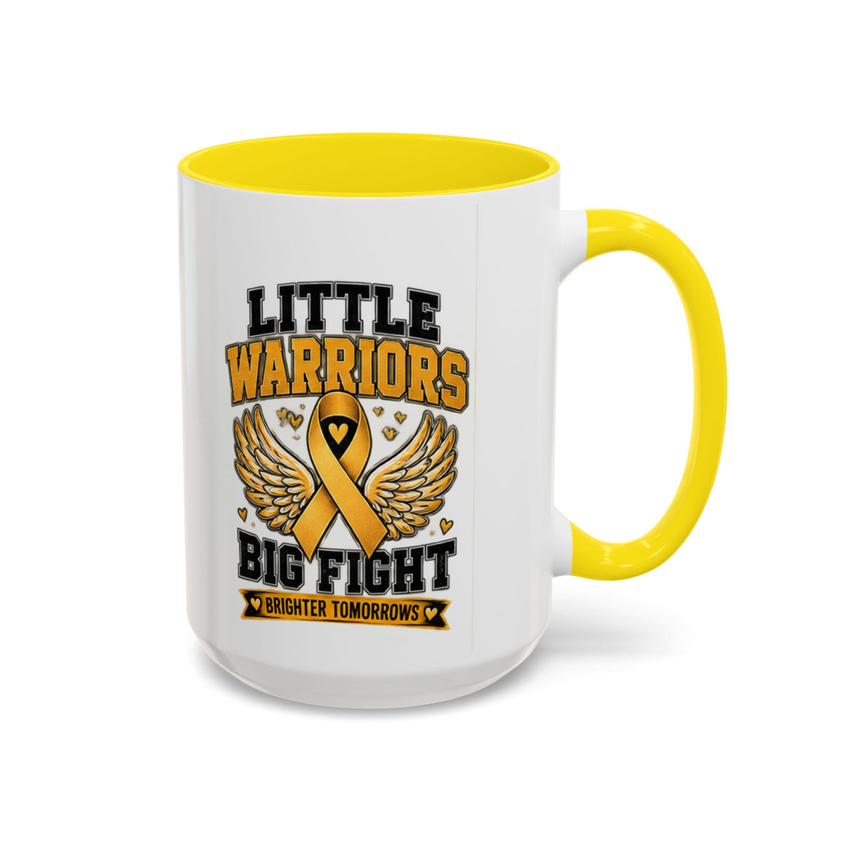 Little Warriors Big Fight Childhood Cancer Awareness Coffee Mug — Gold Ribbon Support Accent Mug