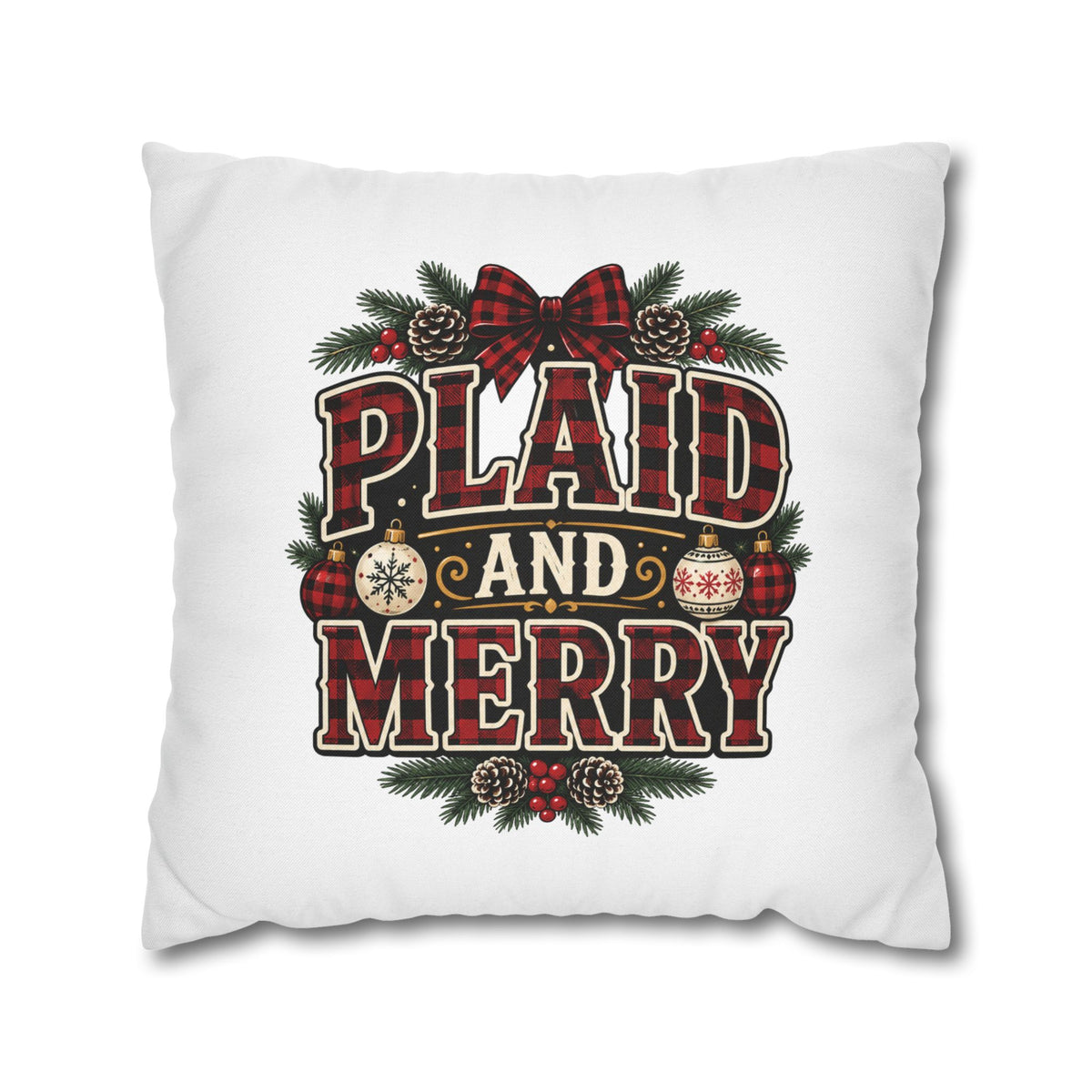 Plaid and Merry Christmas Throw Pillowcase — Festive Buffalo Plaid Holiday Decor