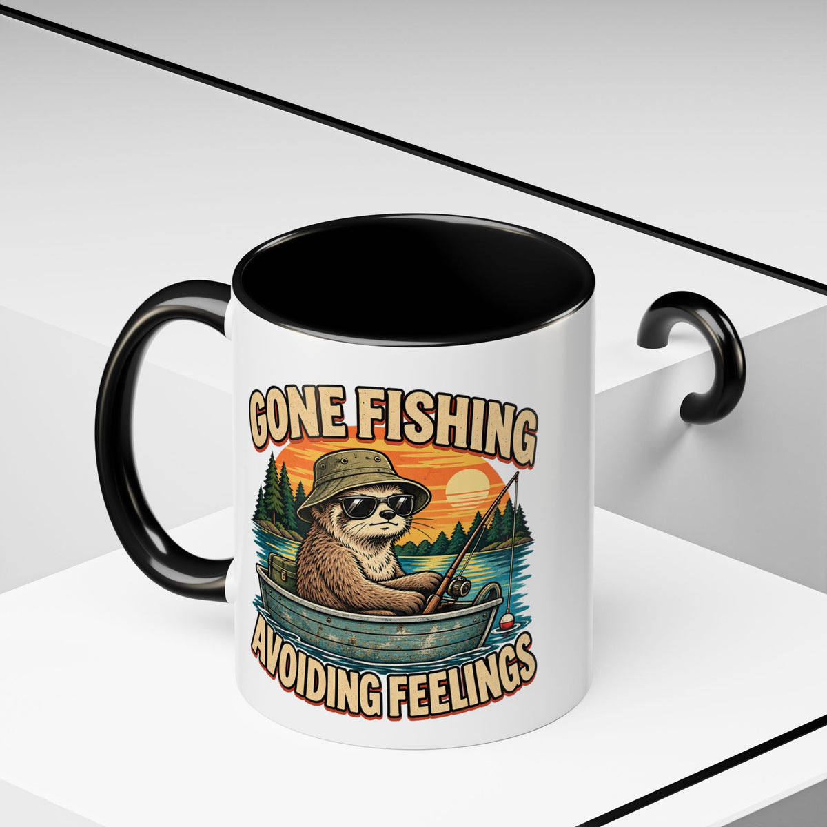 Funny And Witty "Gone Fishing Avoiding Feelings" Accent Coffee Mug (11, 15oz)