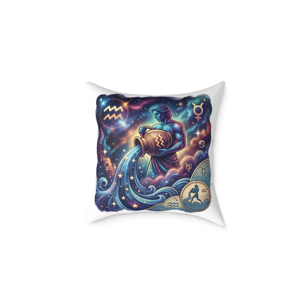 Aquarius Zodiac Pillow – Illustrated Astrological Water Bearer Throw Cushion