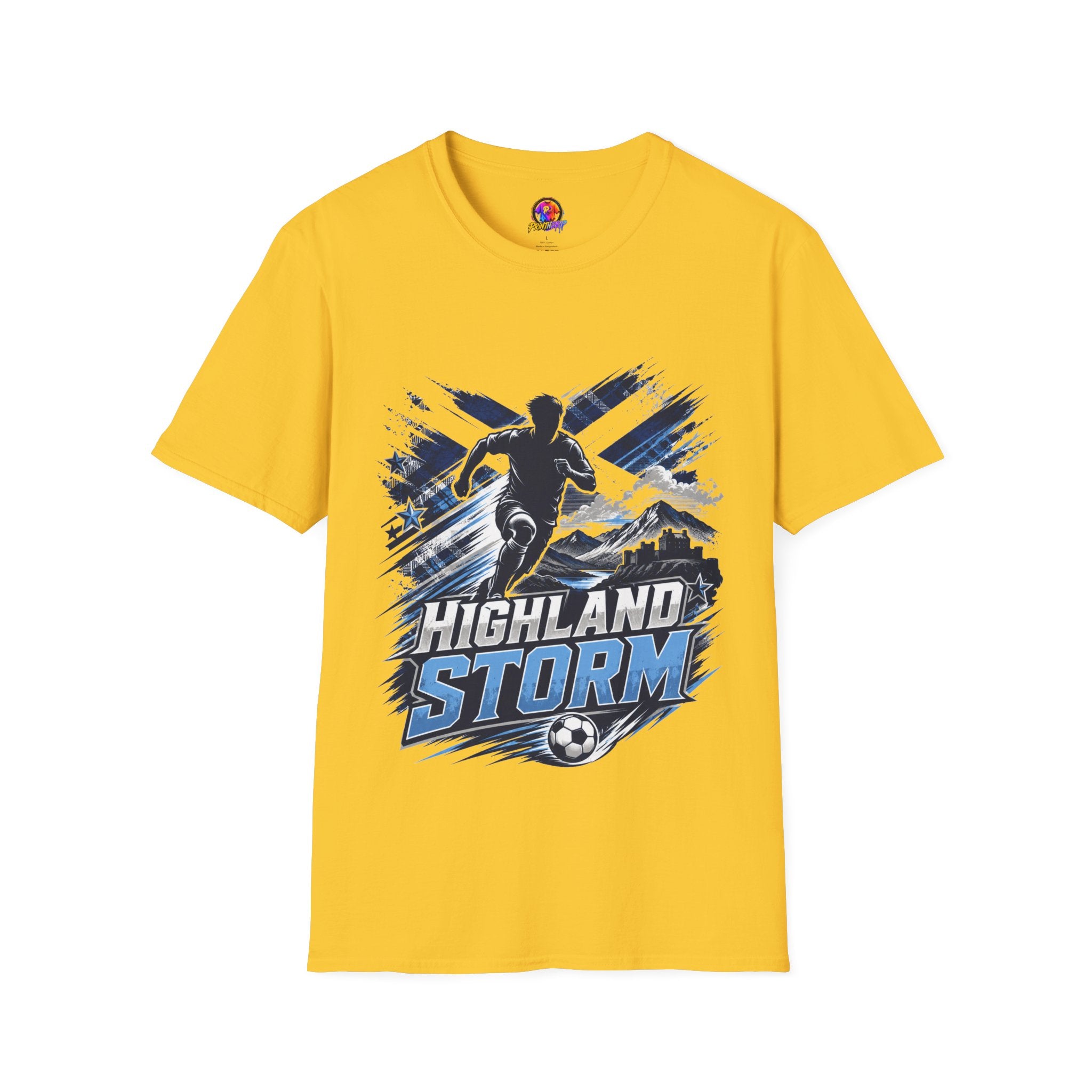 Scotland Highland Storm Soccer T-Shirt — Mountain Soccer Player Graphic Tee