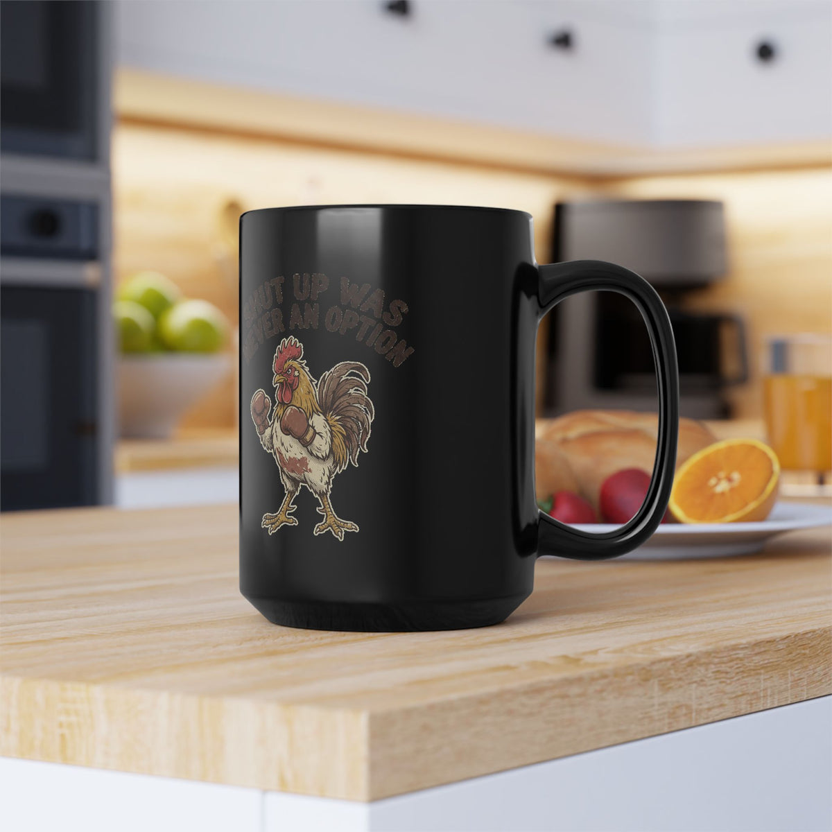 Rooster Boxing Mug — "Shut Up" Funny Farm Coffee Cup (11oz/15oz)