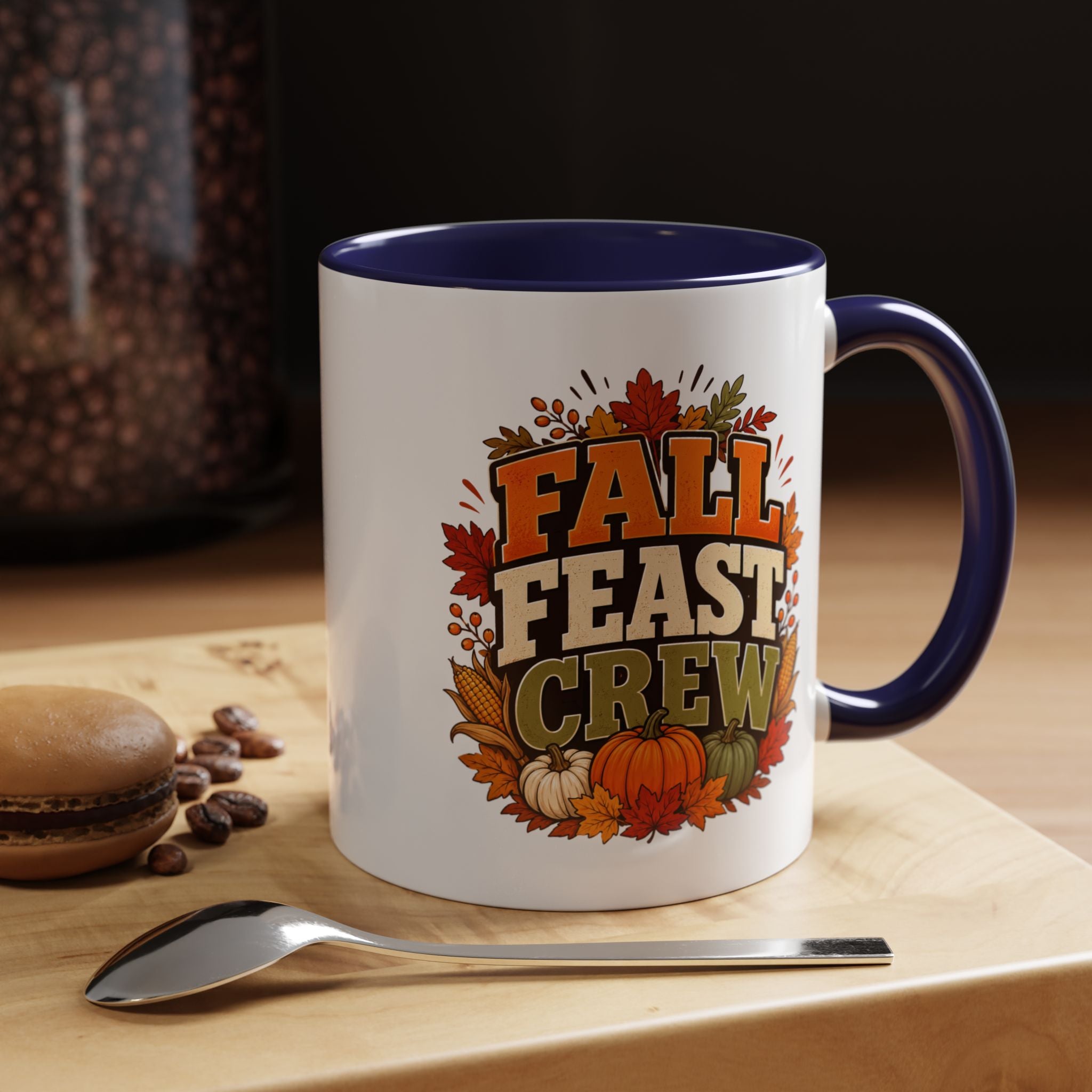 Thanksgiving Mug Fall Feast Crew Coffee Mug — Thanksgiving Pumpkin Autumn Leaves Accent Mug