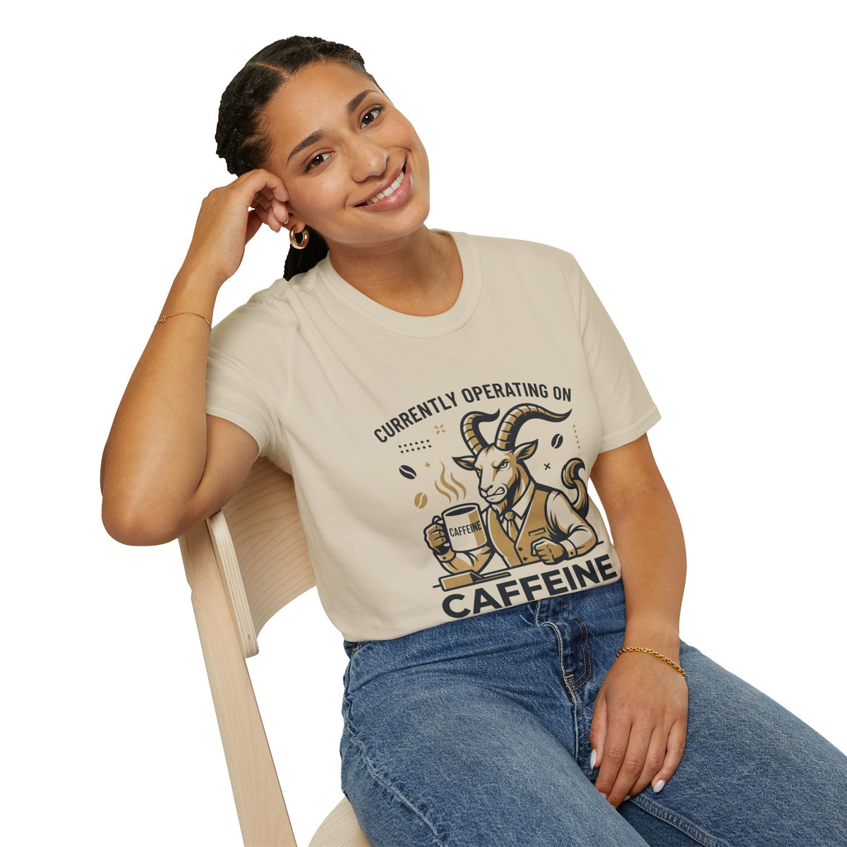 Capricorn T-Shirt — "Currently Operating on Caffeine and Spite" Zodiac Goat Tee