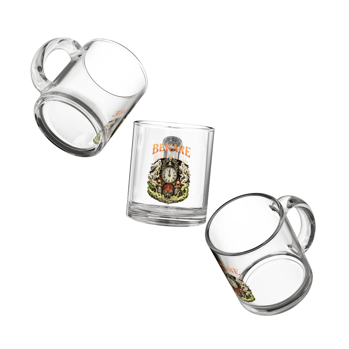 Halloween Glass Mug 10 oz — Beward Midnight Bell Vintage Clock Design (10 oz)