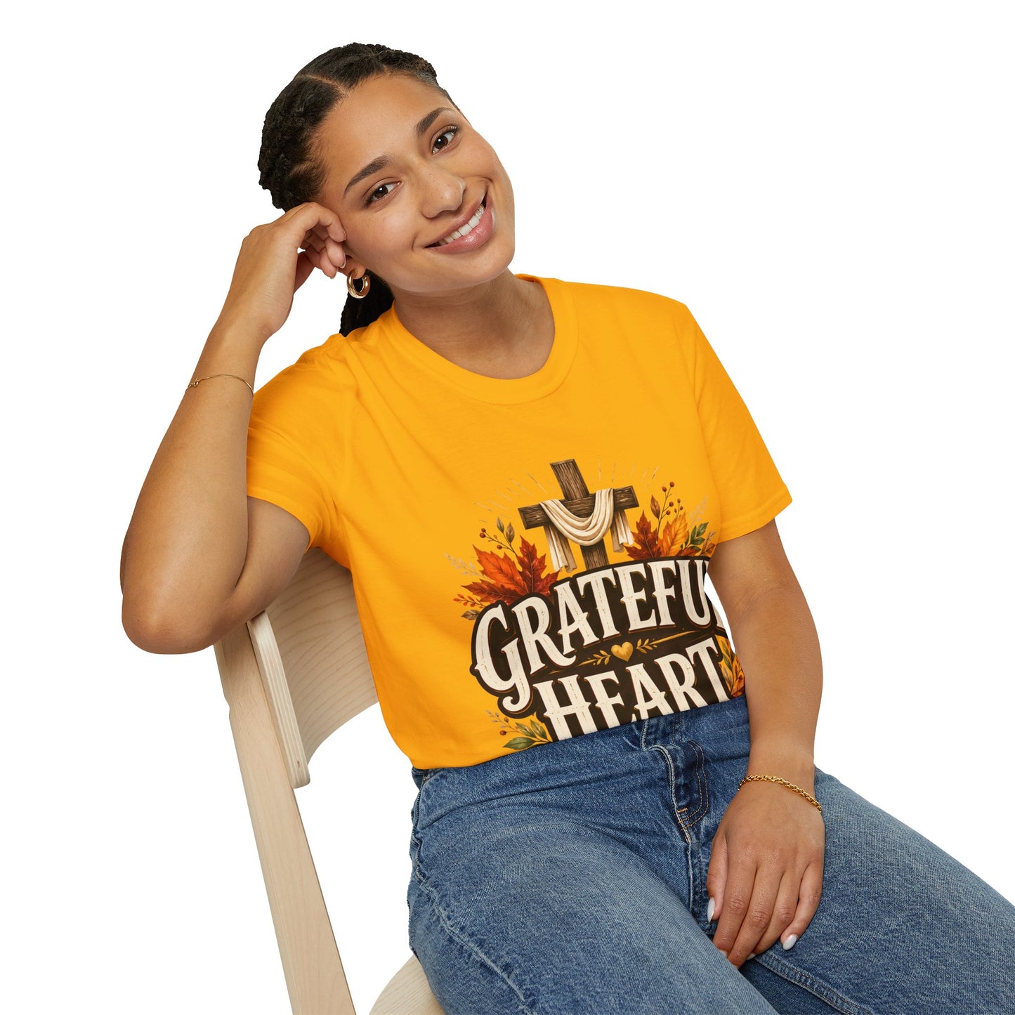 Grateful Heart T-Shirt — Christian Cross & Autumn Leaves Thanksgiving Tee
