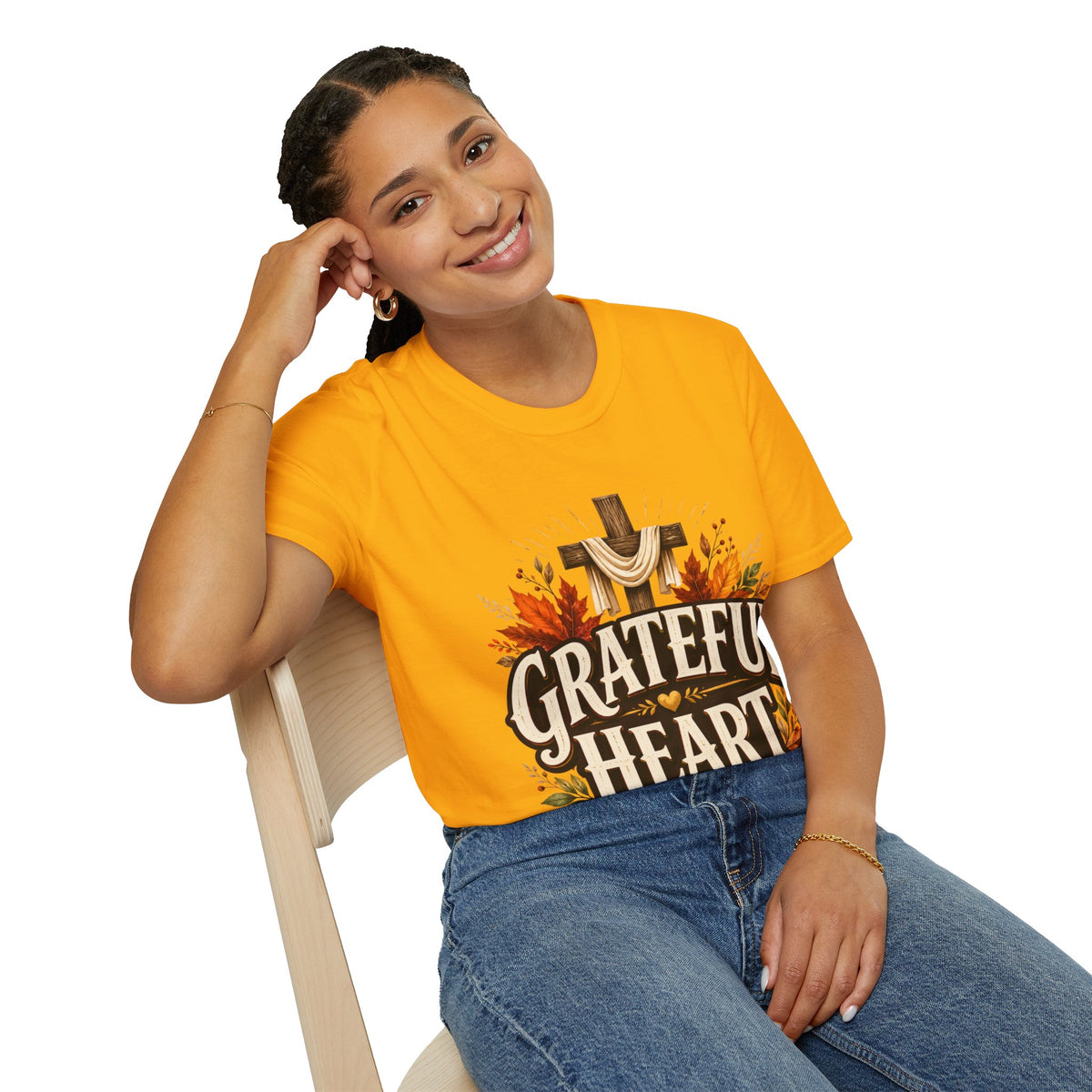 Thanksgiving T-Shirt Grateful Heart T-Shirt — Christian Cross & Autumn Leaves Thanksgiving Tee