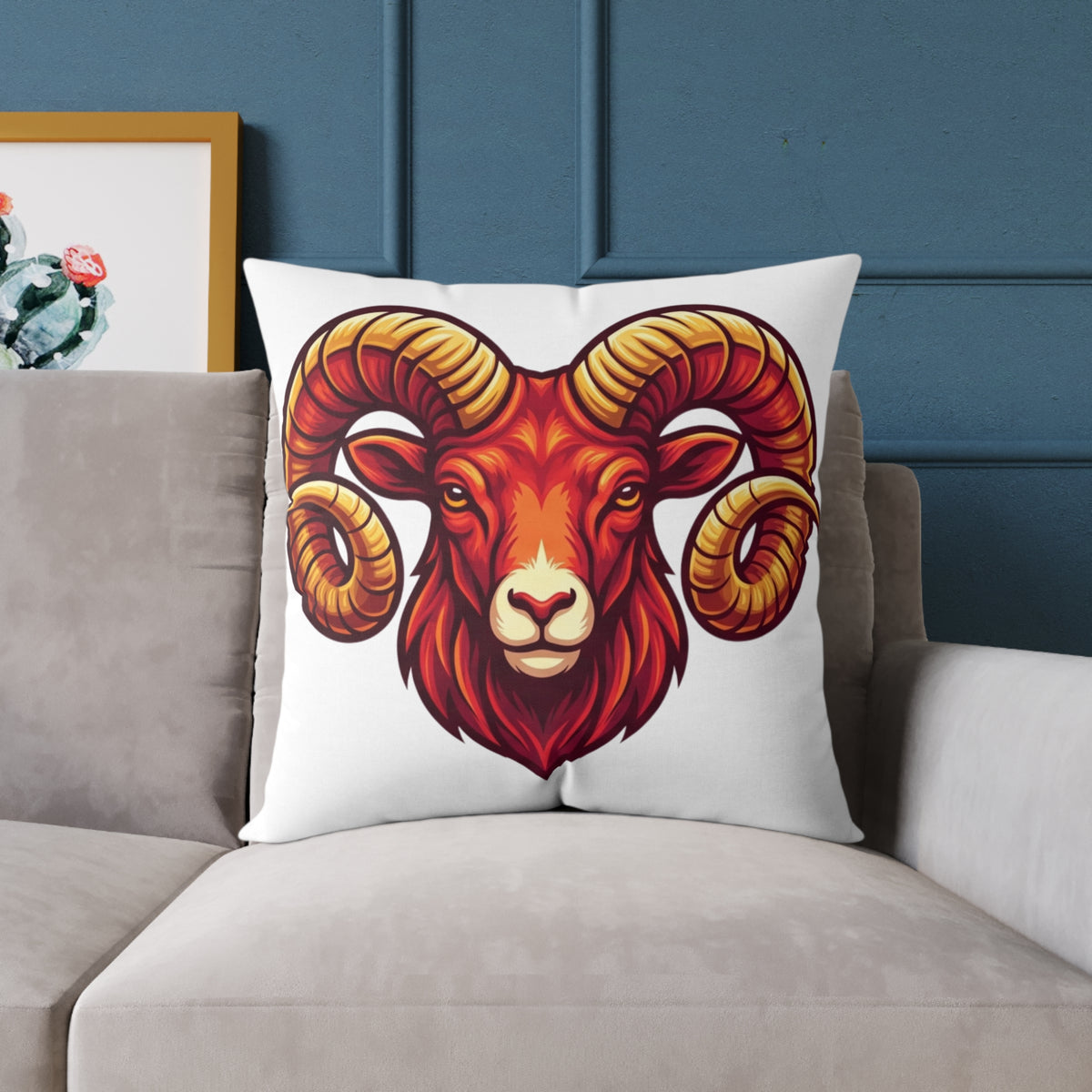 Aries Zodiac Ram Head Throw Pillow — Bold Zodiac Aries Accent Cushion