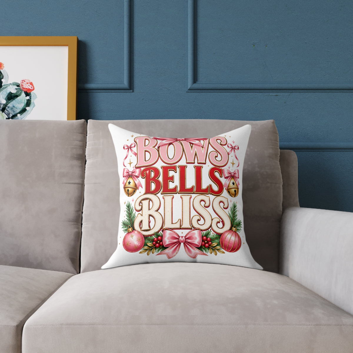 Christmas Bows Bells Bliss Square Poly Canvas Pillow