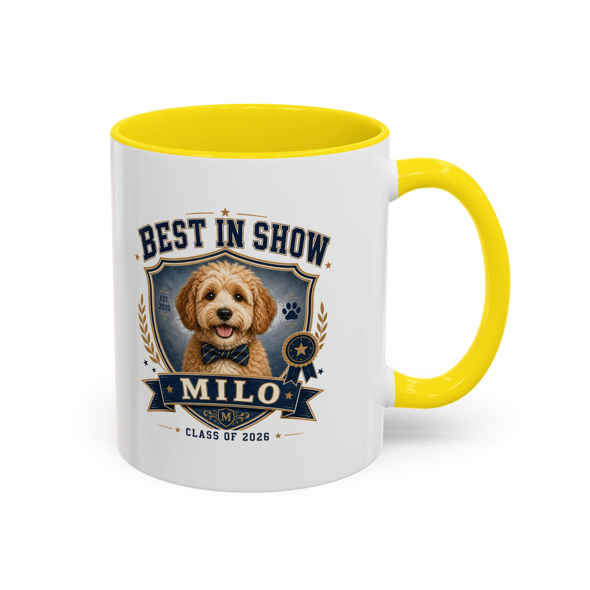 Milo Bailey Dog Dad Mom Best in Show Personalized Dog Coffee Mug — 'Milo' Class of 2026 Accent Mug
