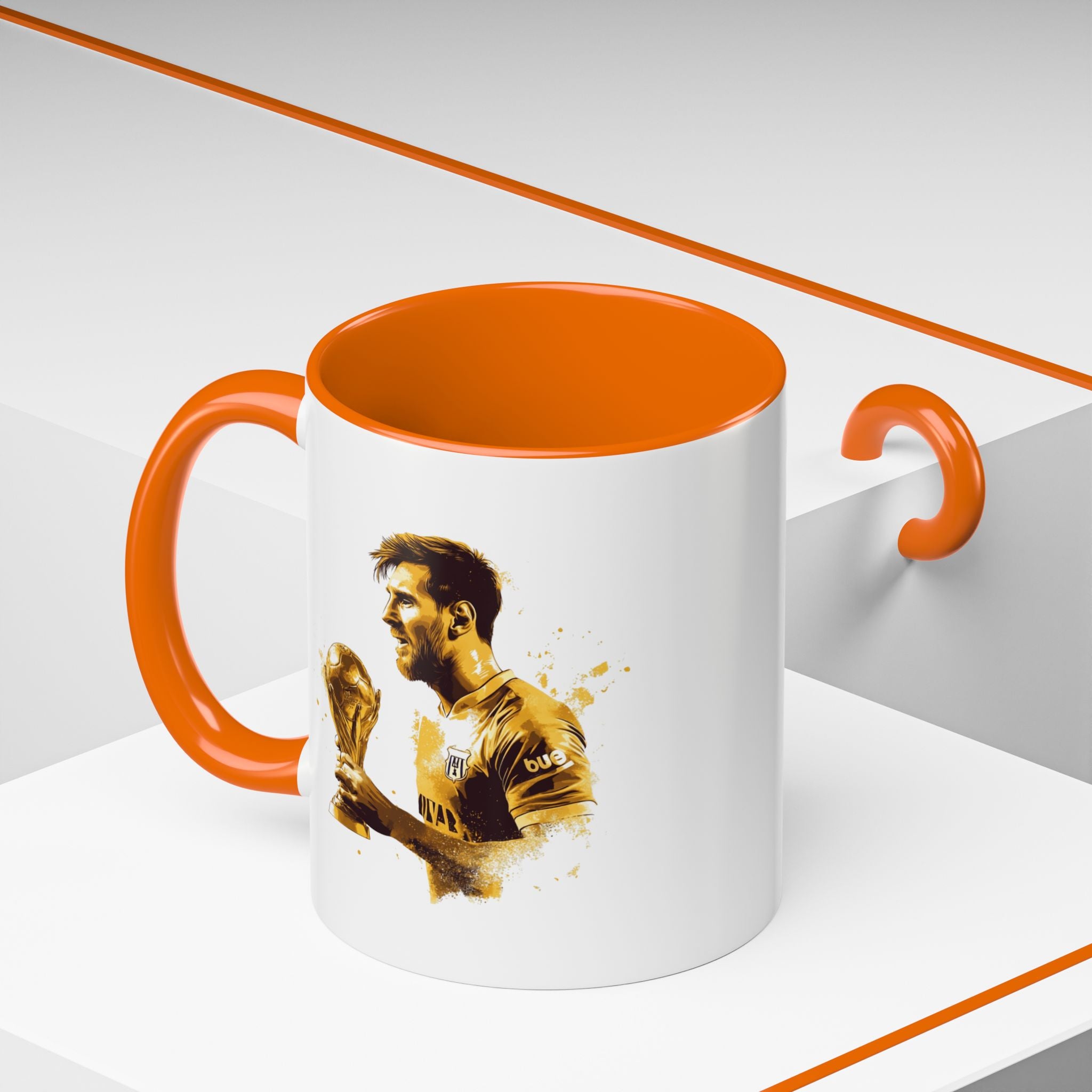 Soccer Legend Coffee Mug — Player Holding Trophy Accent Mug