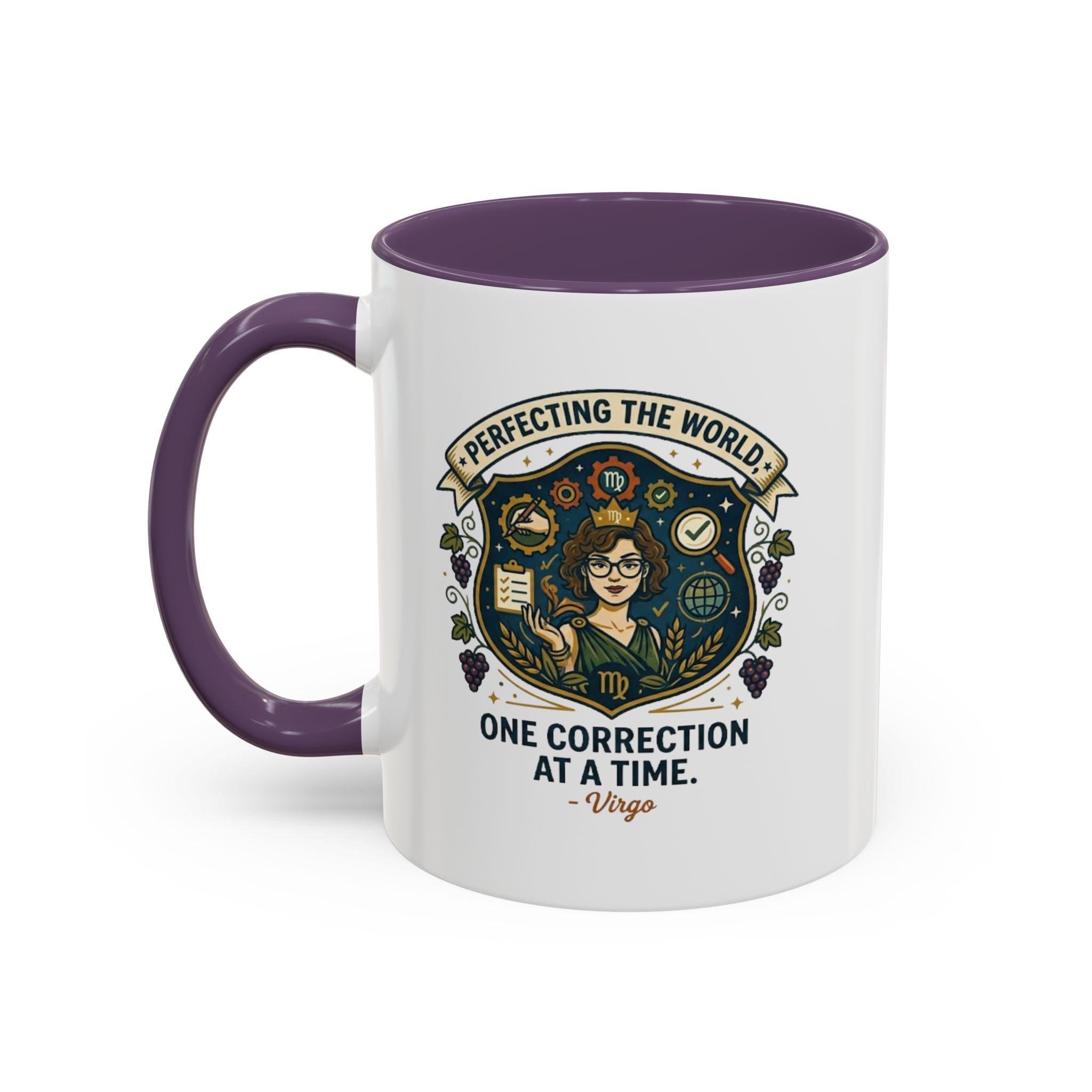 Virgo Coffee Mug — "Perfecting the World: One Correction at a Time" Accent Astrology Gift