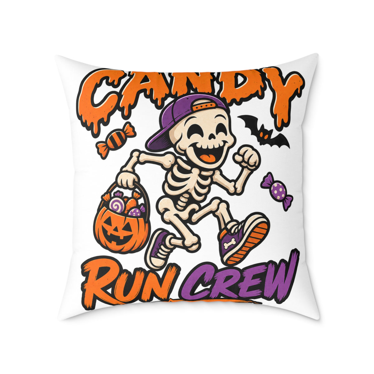 Candy Run Crew Halloween Pillow — Skeleton Trick-or-Treat Decorative Throw Pillow
