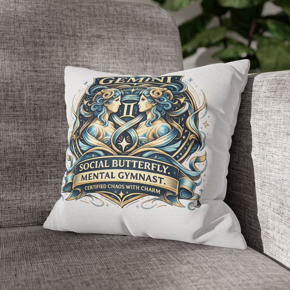 Gemini Zodiac Pillowcase — "Social Butterfly, Mental Gymnast" Decorative Throw Pillow