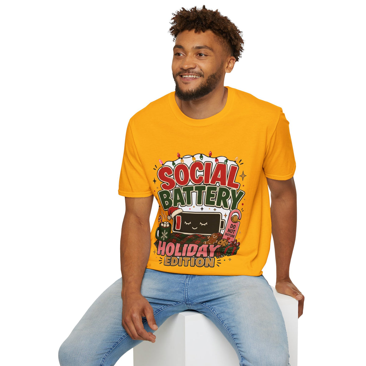 Social Battery Holiday T‑Shirt — Funny Christmas Recharge Graphic Tee