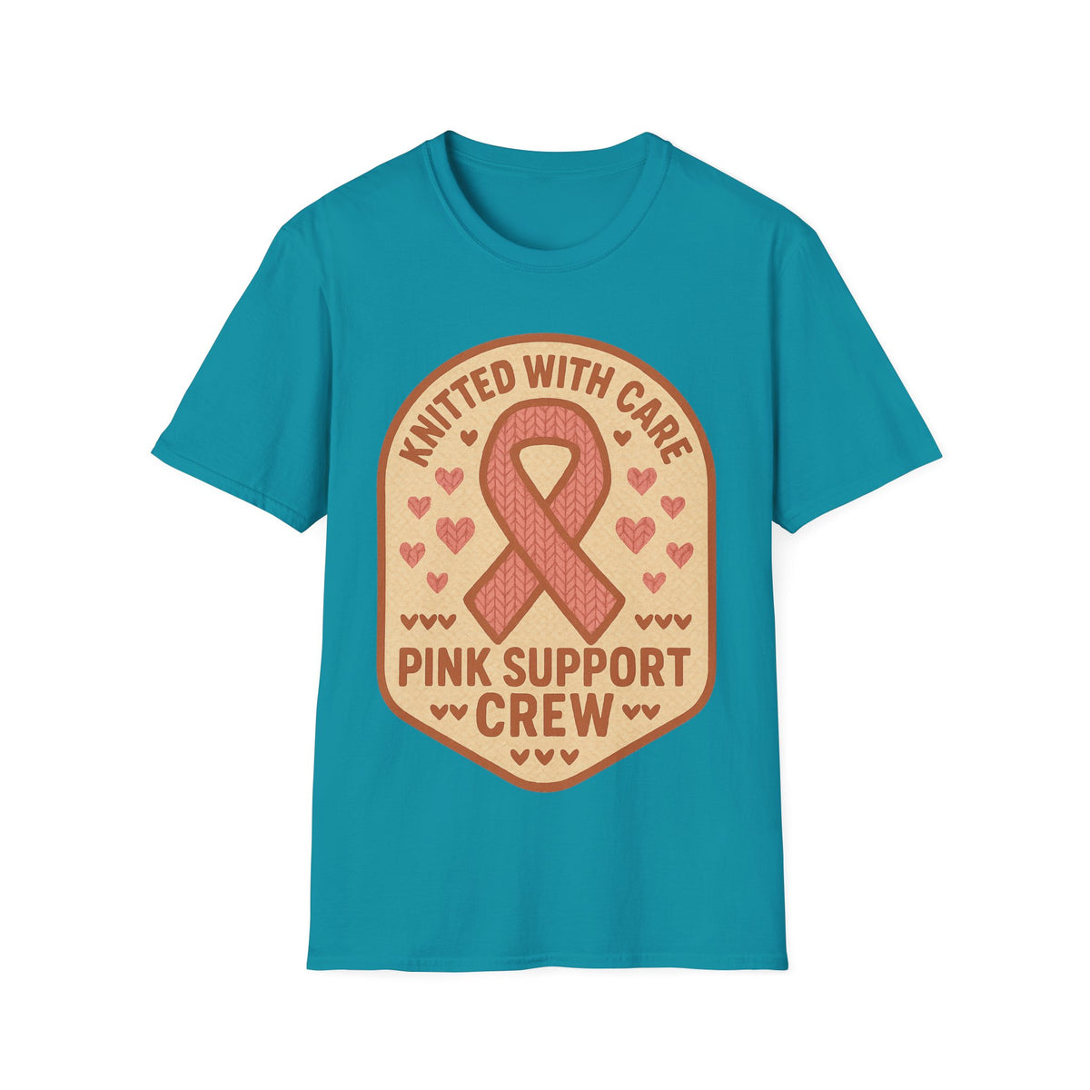 Pink Support Crew Knitted With Care Shield Badge T-Shirt, Breast Cancer Awareness Tee - Trending Now - September 2026