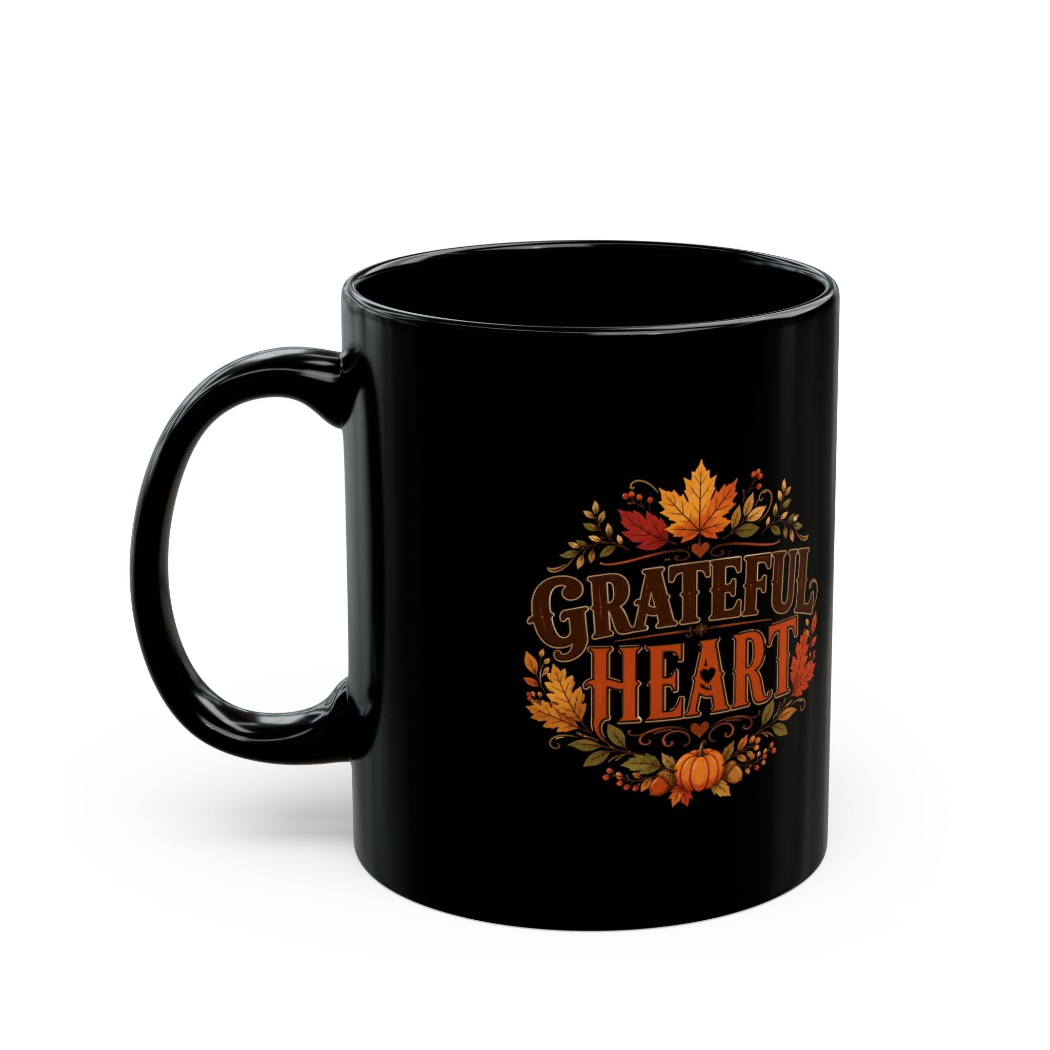 Thanksgiving Black Mug Grateful Heart Fall Mug — Black Ceramic Coffee Cup