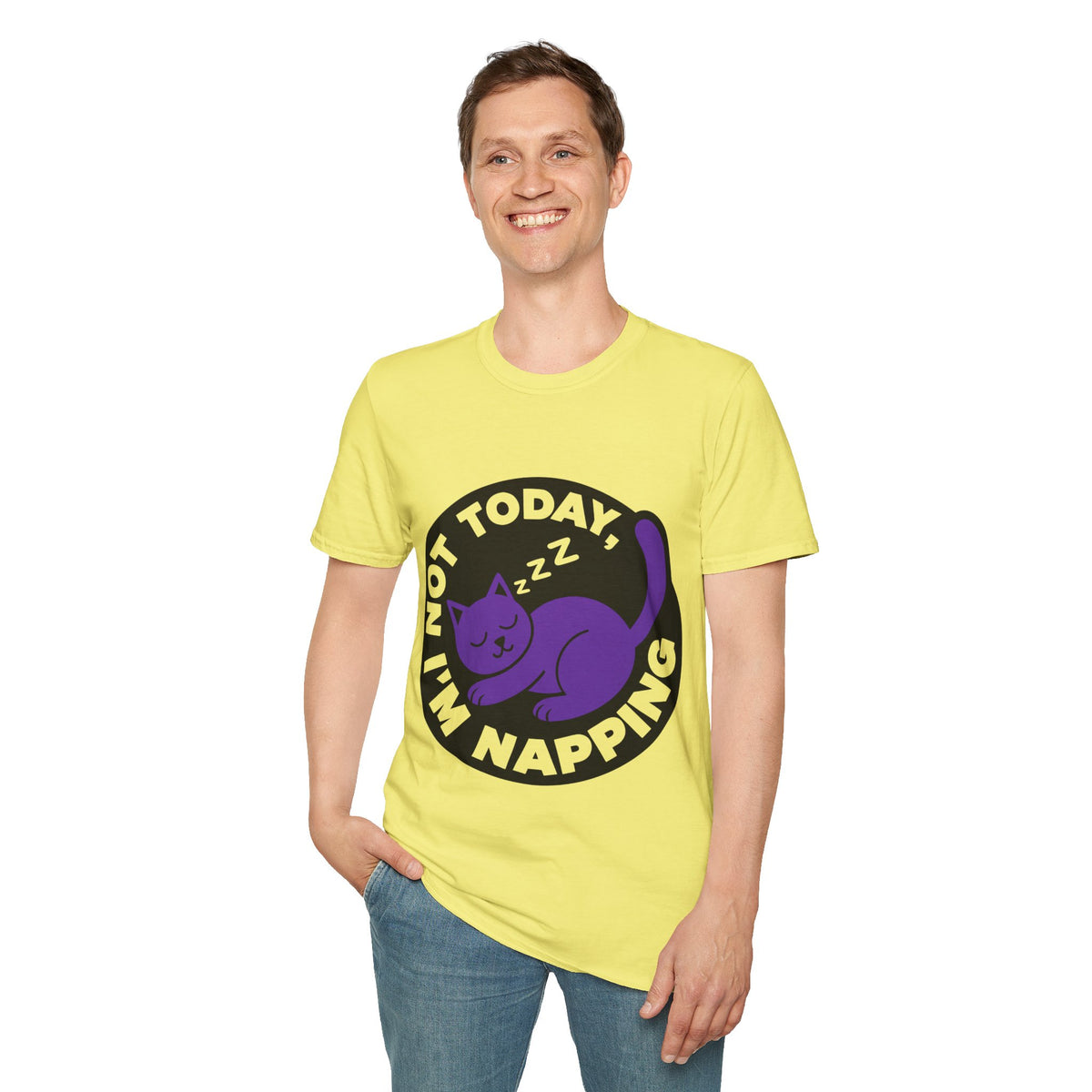 Not Today I'm Napping Purple Cat Tee - Funny Sleeping Kitten Badge Graphic T-Shirt - Trending Now - September 2026
